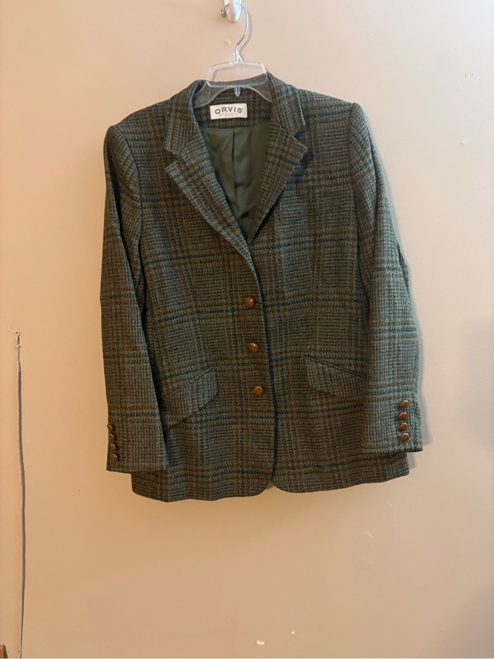Orvis Green Plaid Wool Blend Blazer with Notch Lapel